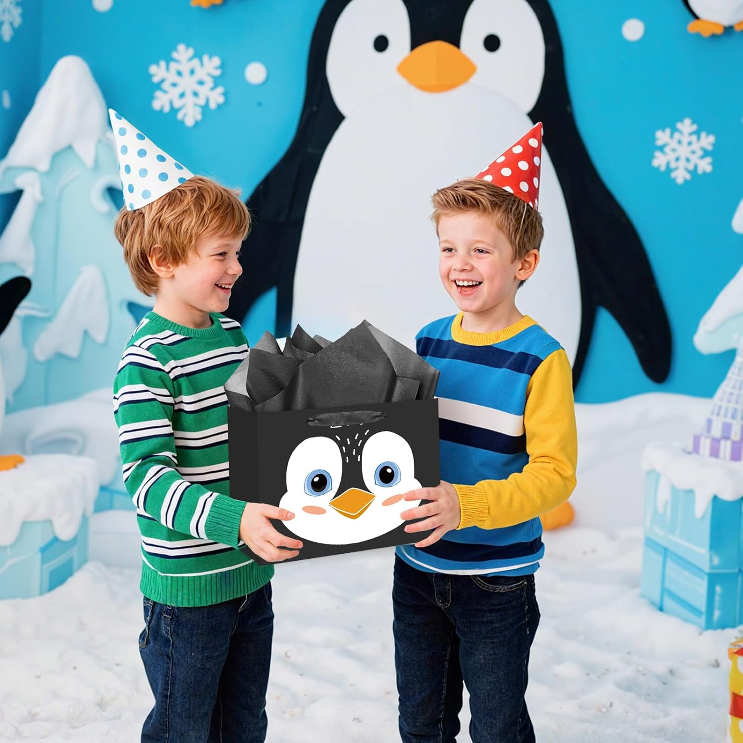 Black Penguin Gift Bags Decorations Penguin Birthday Party Favors Gift Bags with Wrapping Tissue Paper and Greeting Card for Boys Girls Kids Teens Birthday Baby Shower Winter Party Supplies Decor - Image 4