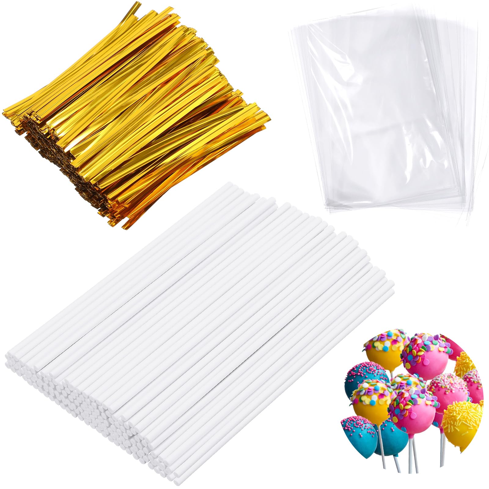 Seajan 600 Stück 15,2 cm Cake Pop Sticks und Wrappers Set inkl. 600 Stück Lollipop Stick 600 Stück transparente Leckerlibeutel 600 Stück Gold Twist Krawatten Herstellung Werkzeuge für DIY Lutscher,