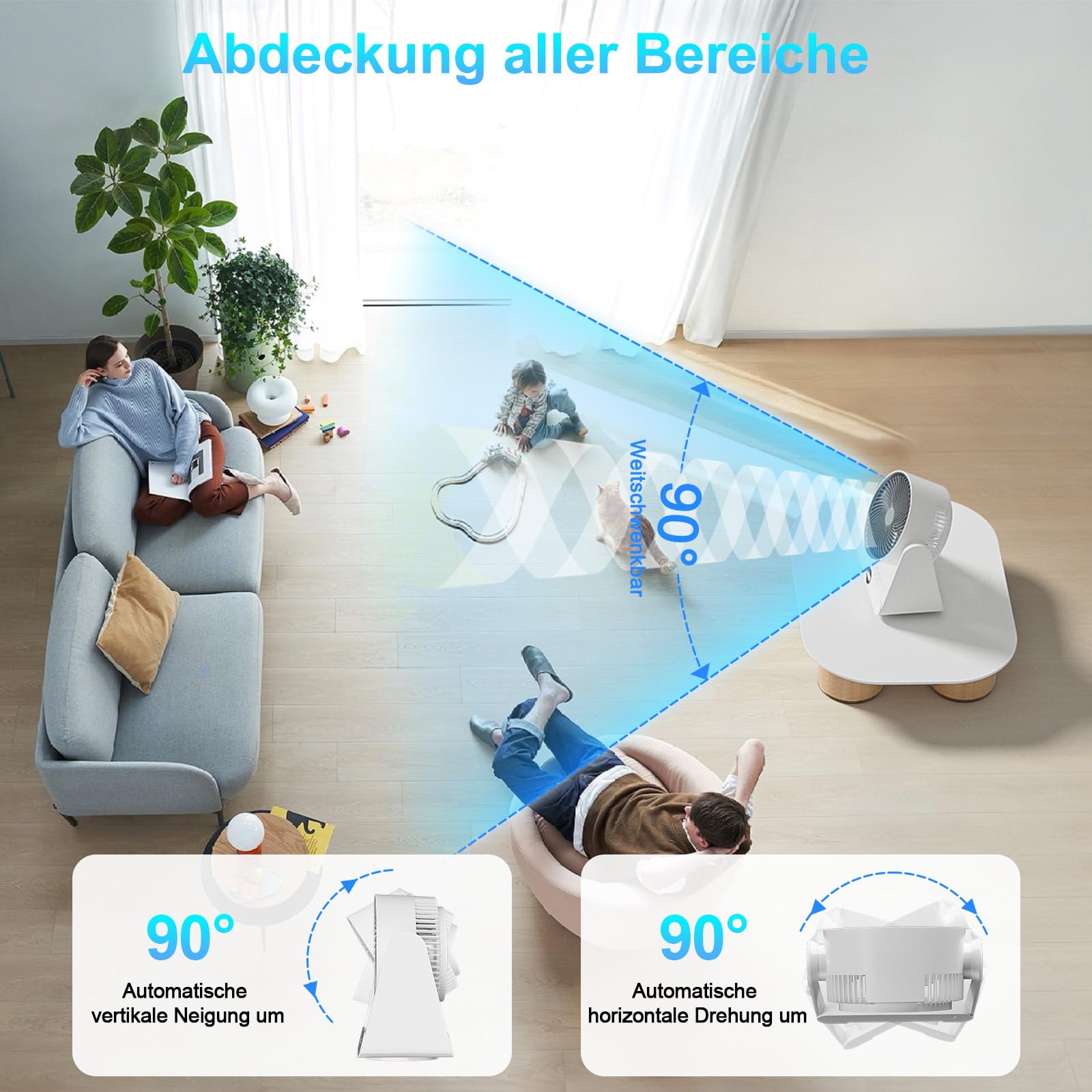 GuKKK Ventilator Leise, Tischventilator 28 DB, Starker Ventilator mit Fernbedienung, 3D Turbo-Luftzirkulator, 12-Geschwindigstufe 12H Timer, 90° verstellbar Neigungswinkel Turbo-Luftzirkulator