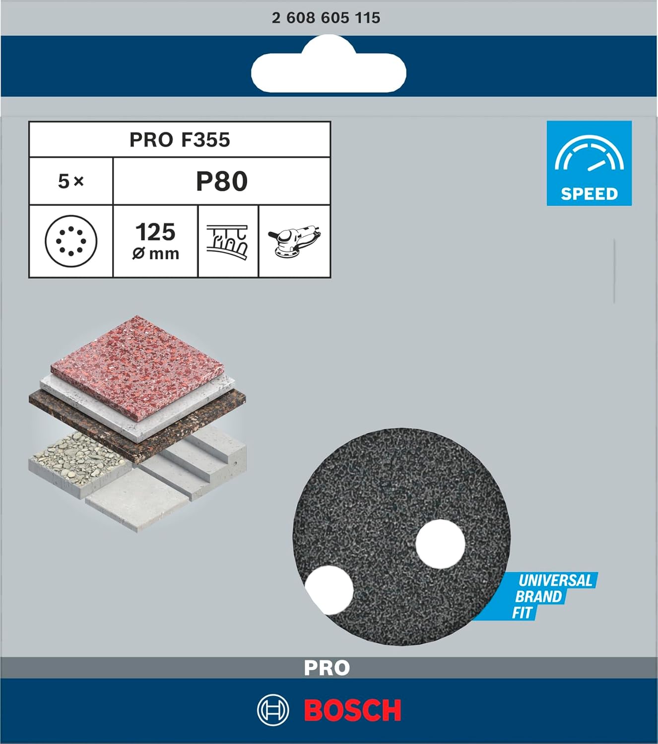 Bosch 2608605115 Sanding Sheets for Random Orbit Sanders, Best for Stone-125 mm Diameter, 8 holes-80 grit, Black, 125 mm