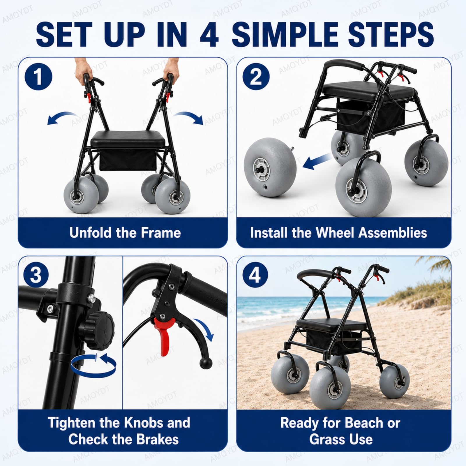 Silla De Ruedas De Playa con Neumáticos Anchos, Andador Todoterreno con Asas Ajustables, Asiento Impermeable Y Transpirable, Apto para Agua Salada Y con Capacidad para 100 Kg (220 LB) En Arena