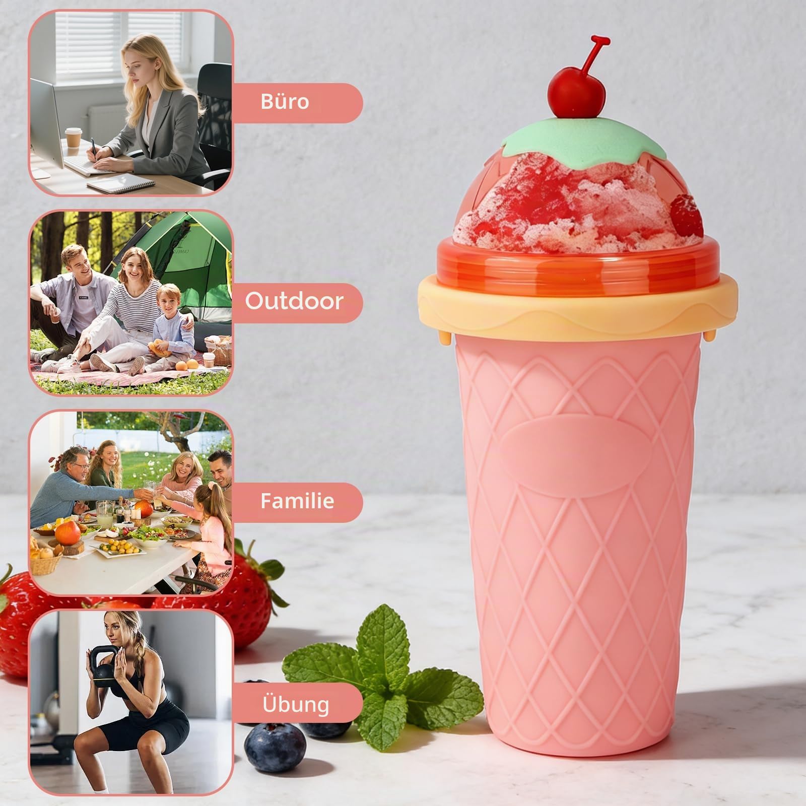 2-Teiliges Set Slush Becher, 2 In 1 Slush Maschine, Wiederverwendbar Slushie Maschine, Cups Verwendet FüR DIY Slushie Eis, Saft Silikon Squeeze Cup(GrüN+Rosa)