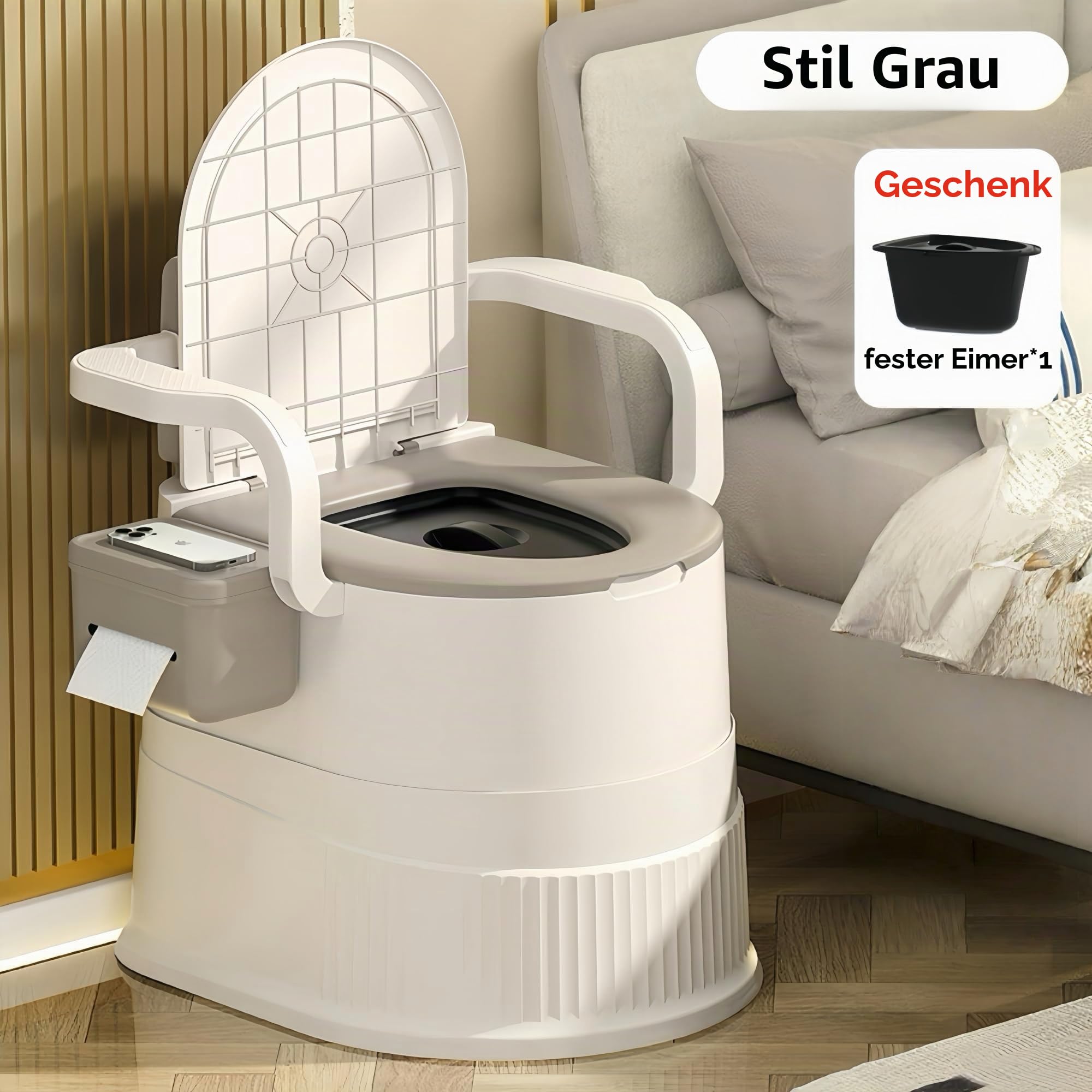 Tragbare Campingtoilette: mit Rückenlehne, Armlehnen und Deckel（Khaki）