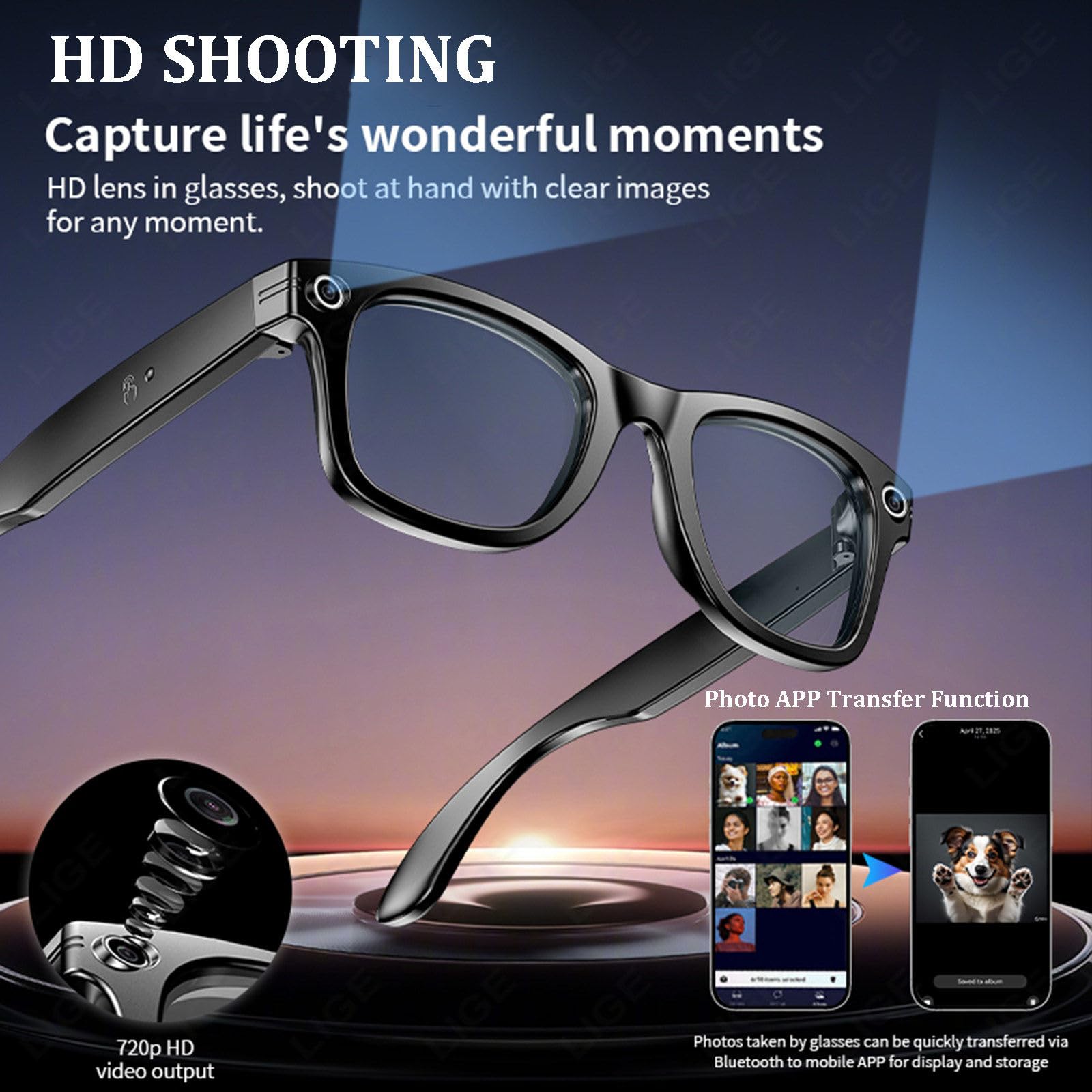 Fashion AI Camera Smart Glasses IP65 Waterproof Bluetooth Call Playing Music Smart Glasses Identify Pictures Use ChatGPT, for Travel Meeting Business,A