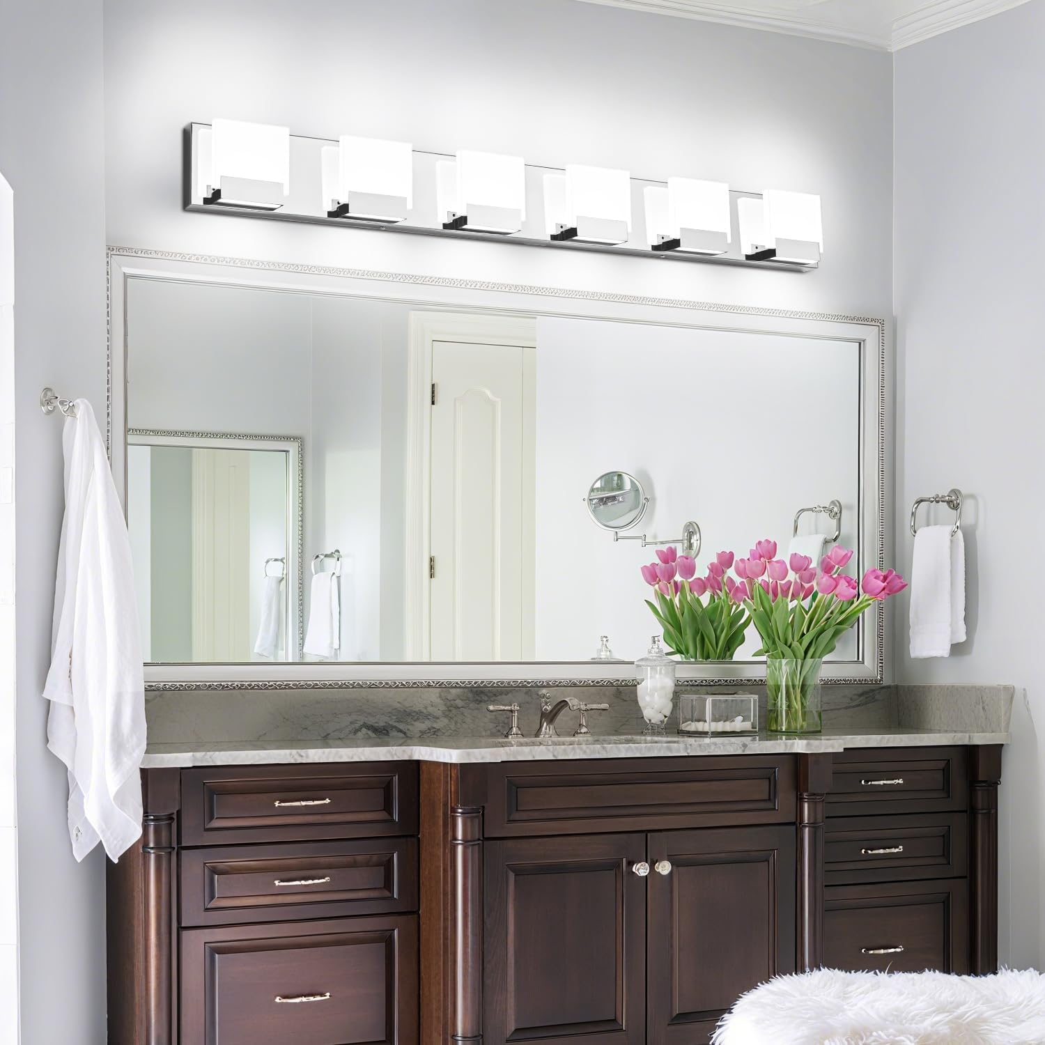 ZUZITO 6 Light Bathroom Vanity Light - Modern LED Bathroom Lights - Chrome Lighting Fixtures Over Mirror for Bath 6000K Cool White