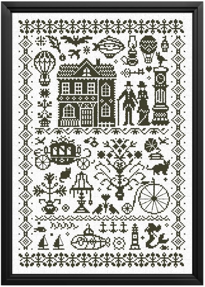 FREEBLOSS 11CT Modern Cross Stitch Kit Black Vintage Sampler Cross Stitch Craft Kit with Stitching Guide for Beginners Stamped Embroidery Set Crossstitch Wall Hanging Set 13.8x19.7inch