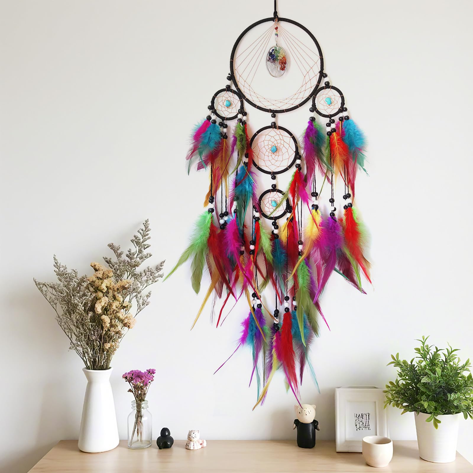 Traumfänger für Schlafzimmer und Erwachsene, große Wandbehang mit Kristallen, bunte Feder-Traumfänger für Kinder, Jungen, Mädchen, Hochzeitsfeier, Dekoration | Handgefertigt, Wanddekoration, Wandbehang, Ornament, Schlafzimmer, Wohnzimmer, Heimdekoration