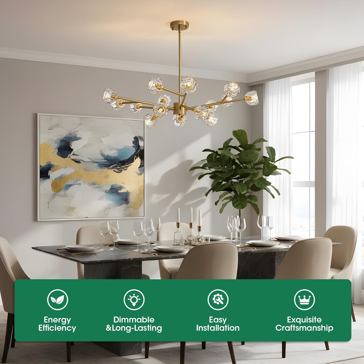 mid century modern gold sputnik chandeliers for dining room light fixture, 15-light crystal chandelier for living room kitchen island bedroom, dia 39.4" d39.4"