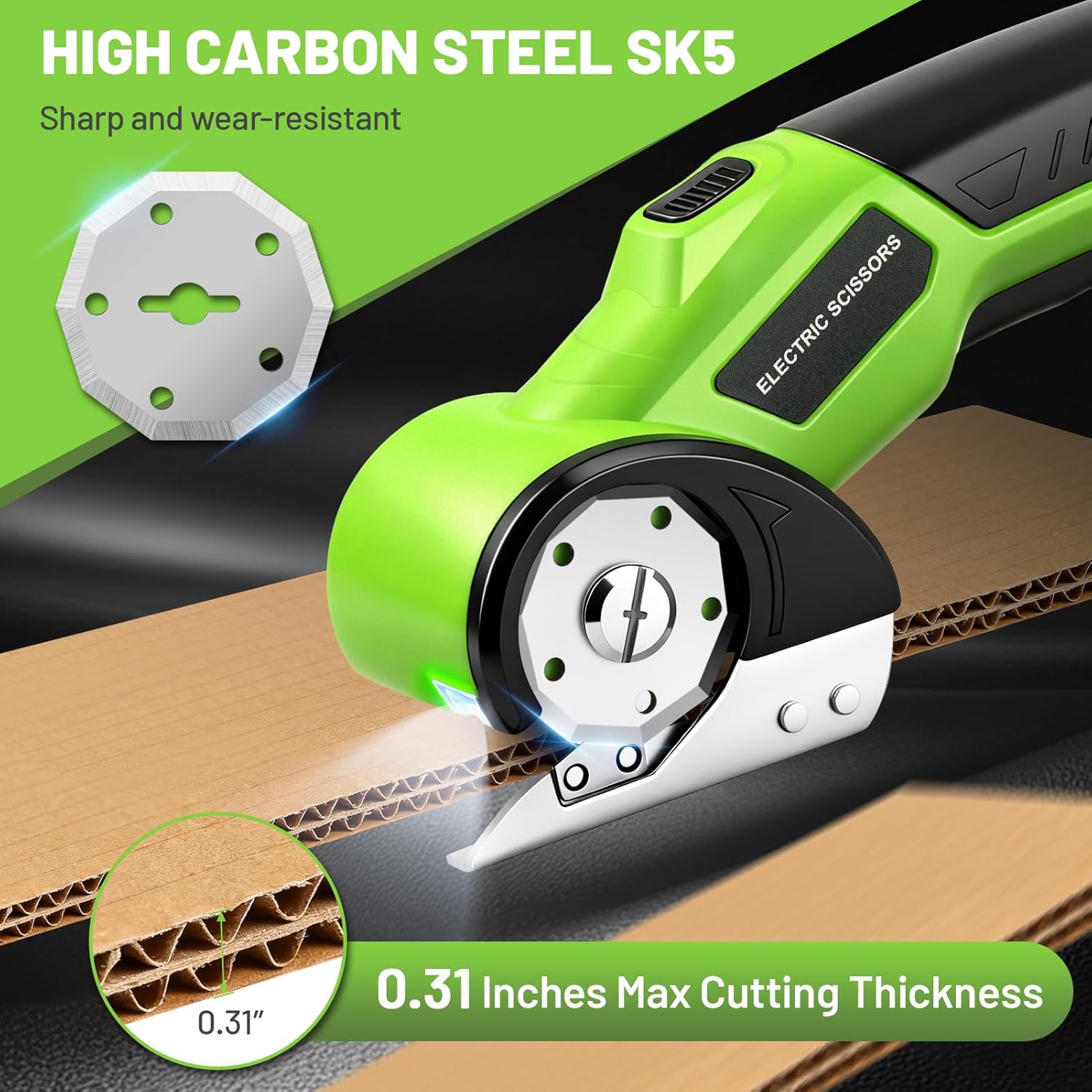 Cordless Electric Scissors, 4V Rechargeable Rotary Cardboard Cutter with 2 Blades Safety Lock & LED Light, USB Cable for Plastic, Box, Carpet, Leather, DIY Crafts