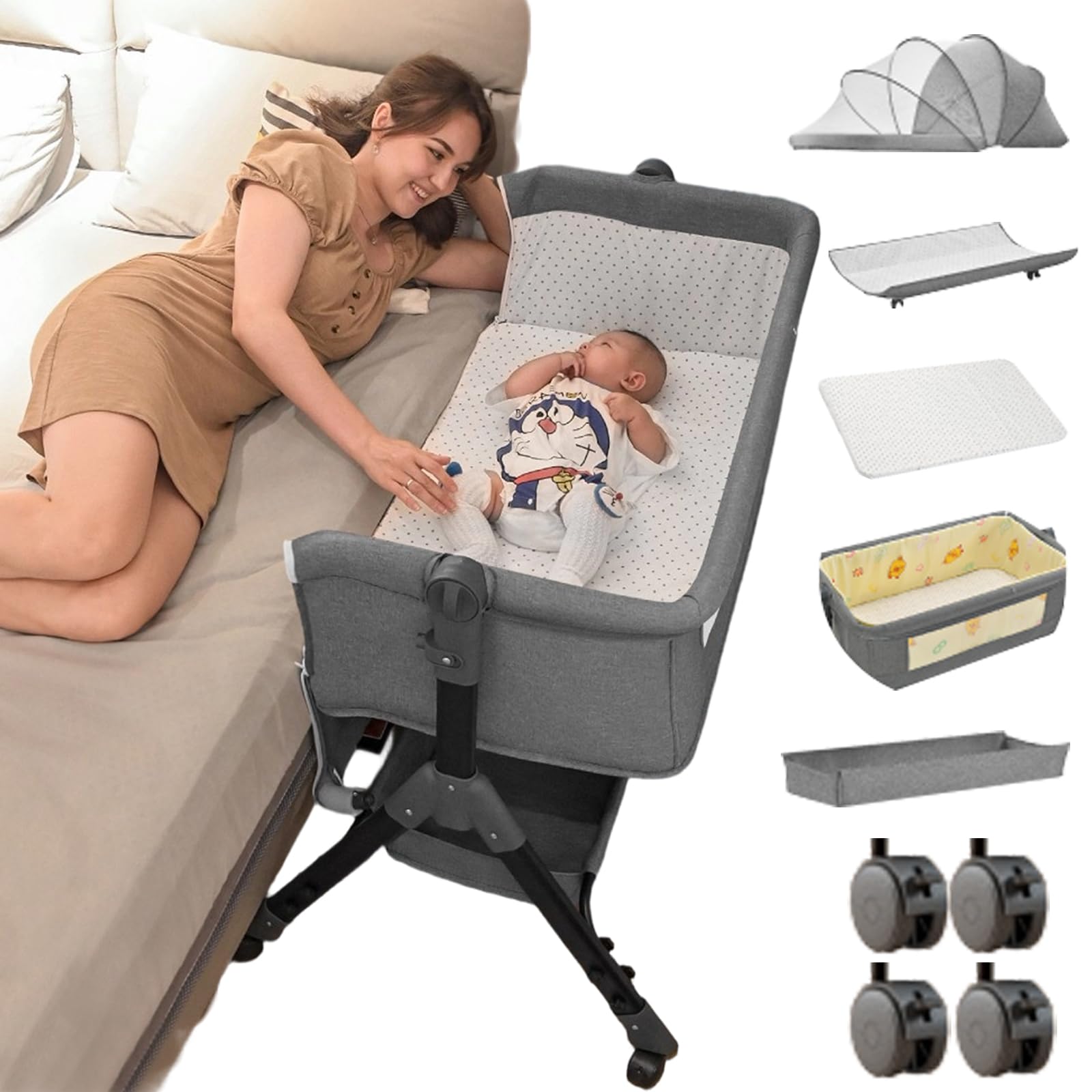 Next to me Beistellbett höhenverstellbar, tragbarer Stubenwagen, stabiles Babybett 3-in-1, mit waschbarer Matratze, Wickeltisch, Aufbewahrungstasche, 4 feststellbare Räder, Moskitonetz, für 0