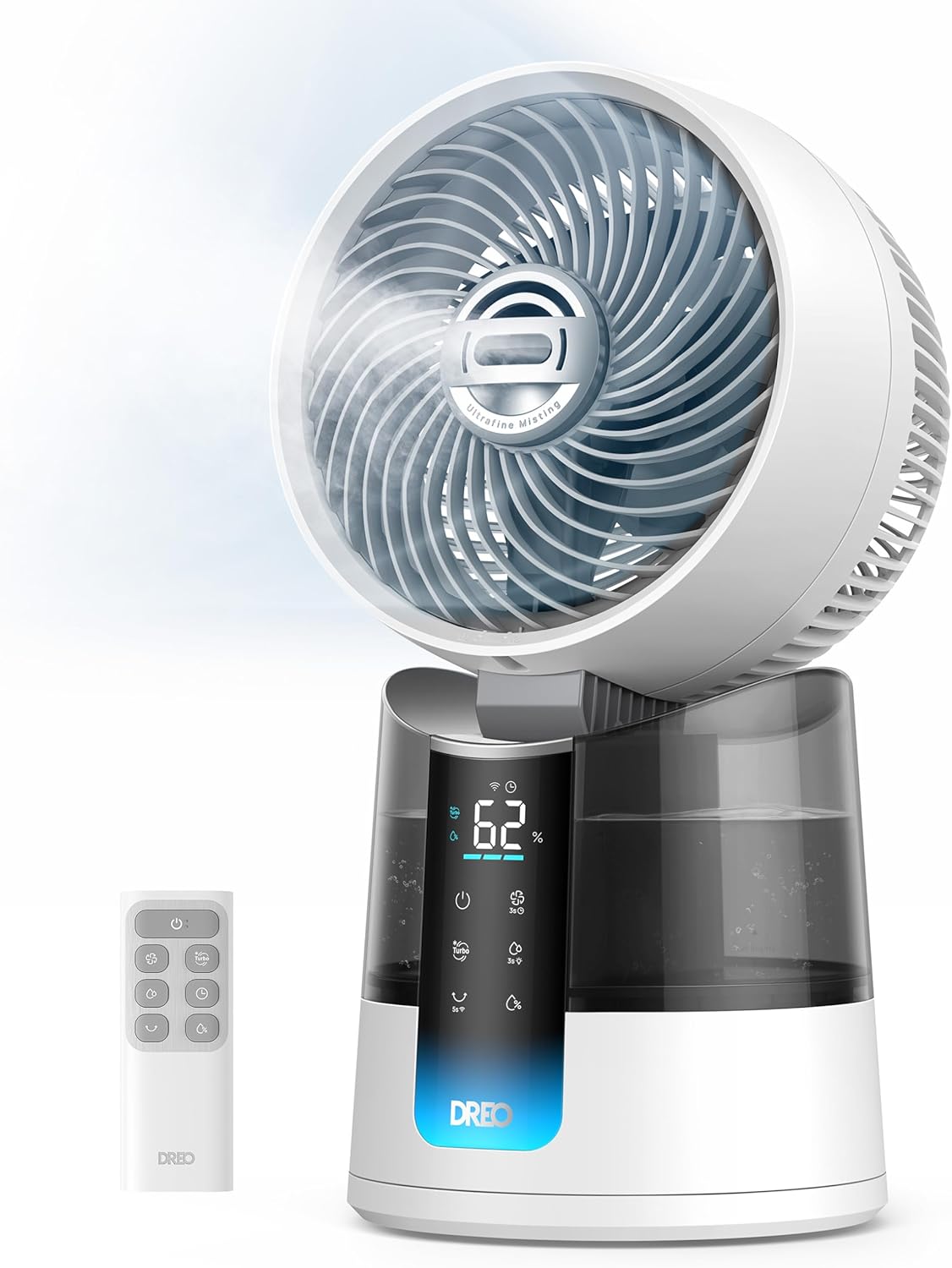 DREO TurboCool Misting Fan 516, 150°+30° Omni-directional Oscillating Desk Cooling Fan，Evaporative Air Cooler, 26 ft/s Wind, Ultrafine Mist, 20dB Quiet, 6 Speeds 2 Modes, Remote Control, RGB, White