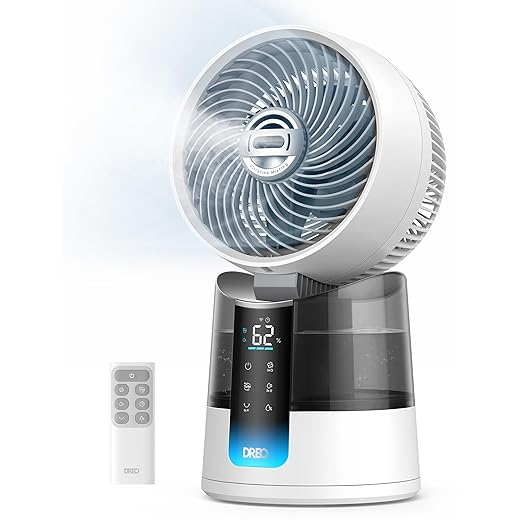 DREO TurboCool Misting Fan 516, 150°+30° Omni-directional Oscillating Desk Cooling Fan，Evaporative Air Cooler, 26 ft/s Wind, Ultrafine Mist, 20dB Quiet, 6 Speeds 2 Modes, Remote Control, RGB, White