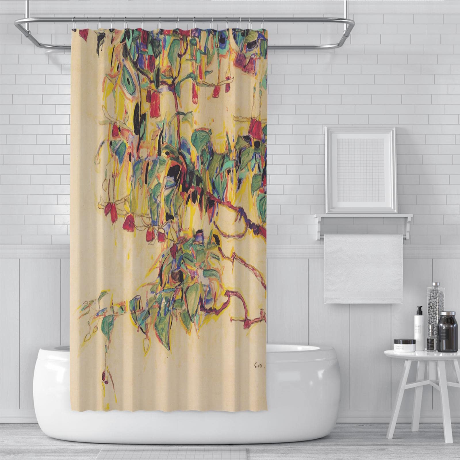 Egon Schiele Retro Duschvorhänge Sets Abstrakte Blume Duschvorhang für Badezimmer wasserdichte Badewannenvorhänge in Mehreren Größen Hotelqualität 180x200 cm