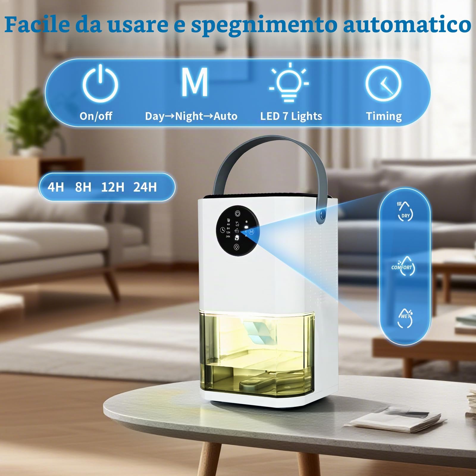 Dreamhigh® 1.7L Deumidificatore Casa, Spegnimento Automatico e Luce LED Colorata, Ultra Silenzioso, Per Max 35㎡, Deumidificatore per Camera da Letto e Armadio-750ML/Giorno