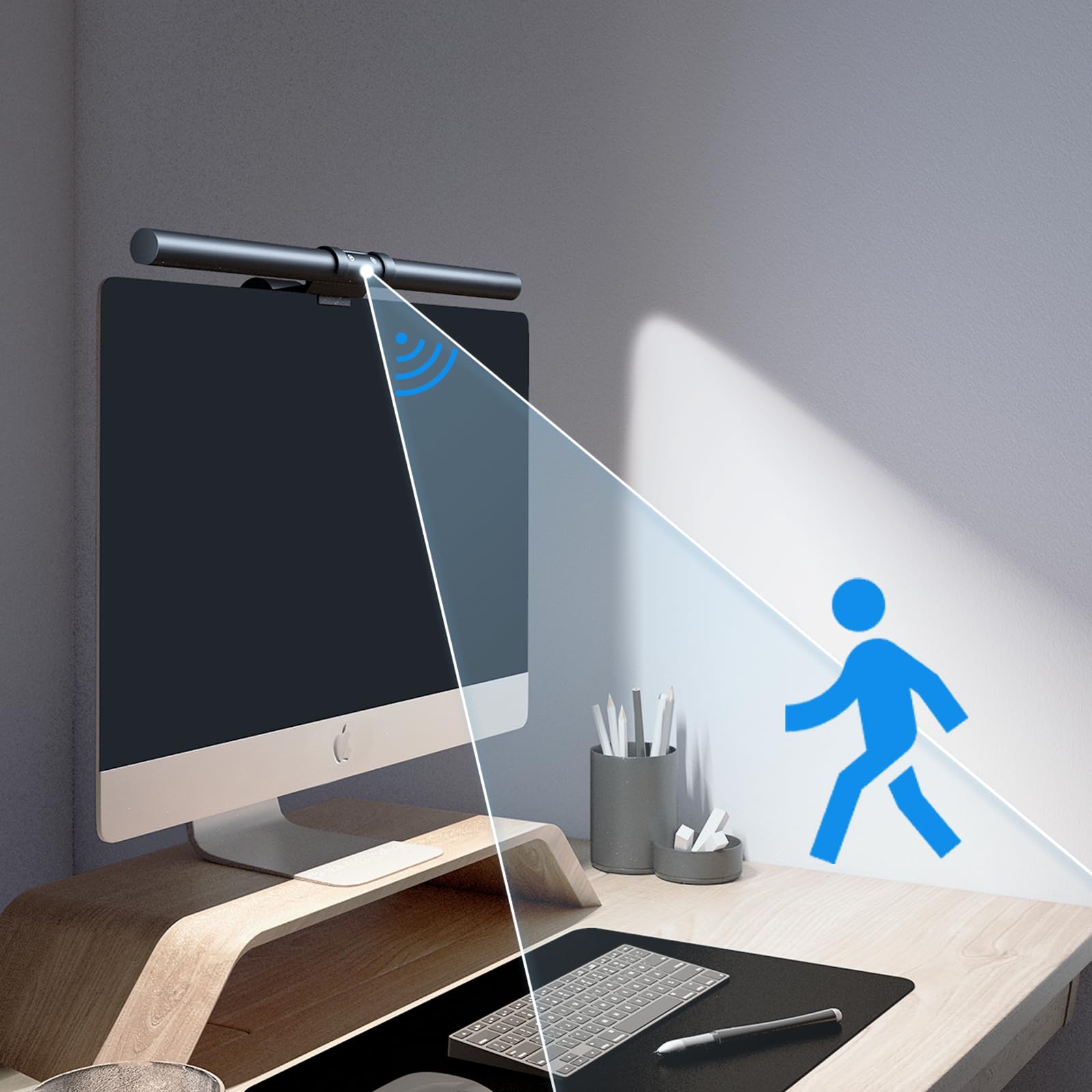 Barra de luz para monitor (negro) – Iluminación ultraancha, sensor de movimiento, brillo/temperatura de color ajustable, lámpara de monitor USB para el cuidado de los ojos, sin reflejos