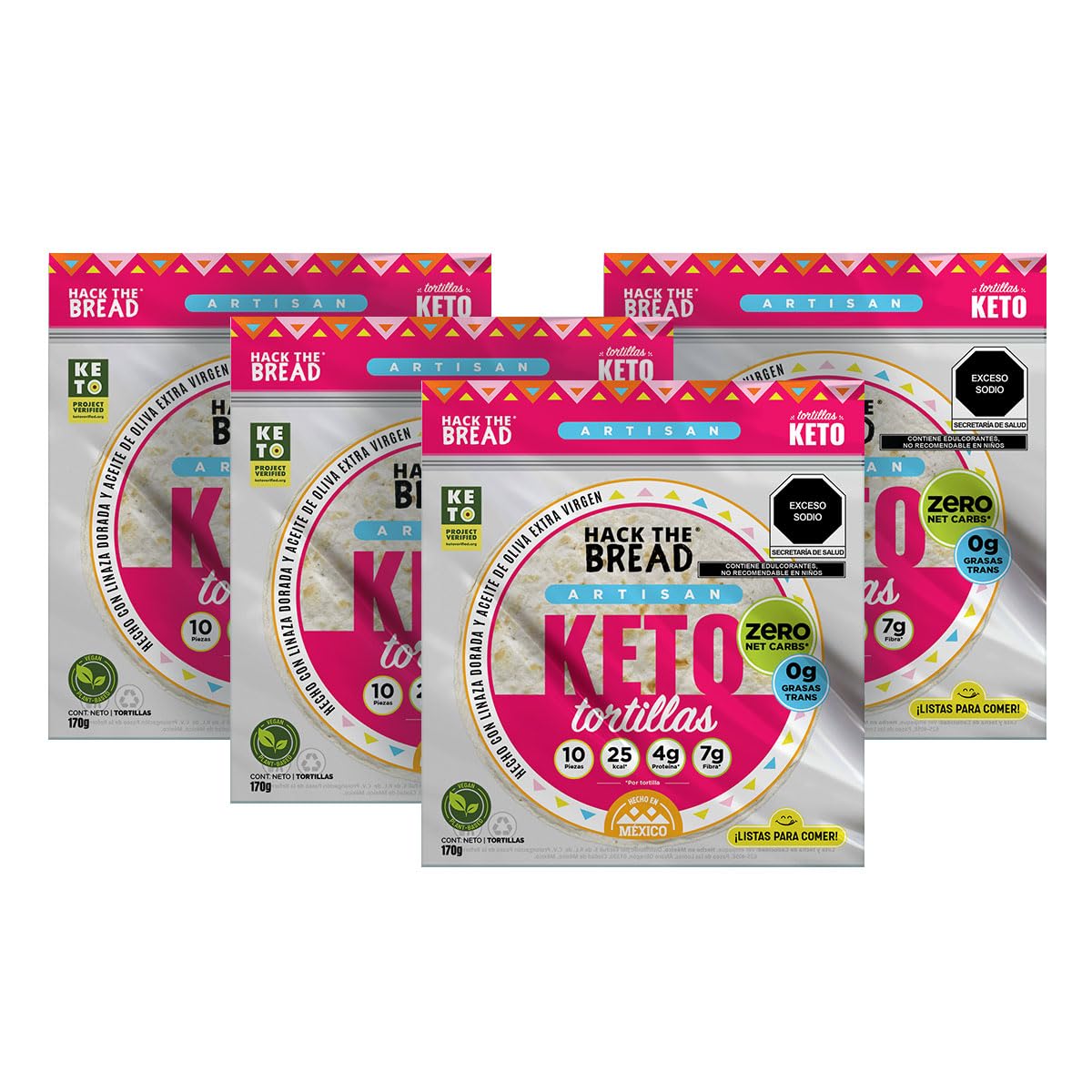 Hack The Bread&reg; Keto Tortillas, Zero Carb, Sugar Free, Made with Olive Oil and Flaxseed in Mexico - 25 Calories, 4 g Protein, 7 g Fiber - 3 Pack with 30 tortillas