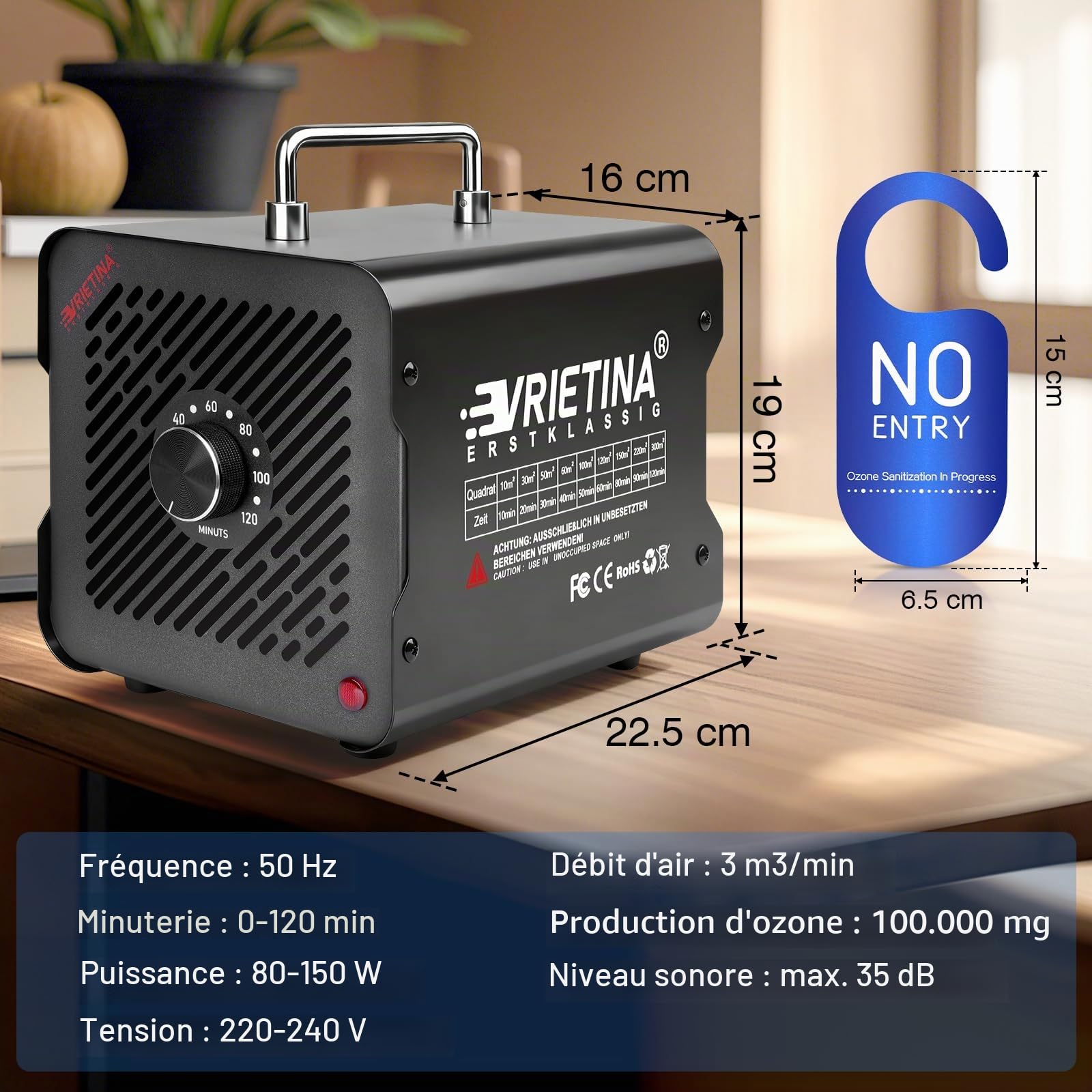 Générateur d'Ozone Domestique 65000 mg/h, 35db 150w Machine à Ozone pour Purification de l'Air et Élimination des Odeurs Dispositif d'Ozone Portable O3 pour Bureau, Salle de Bain, Maison, Voiture
