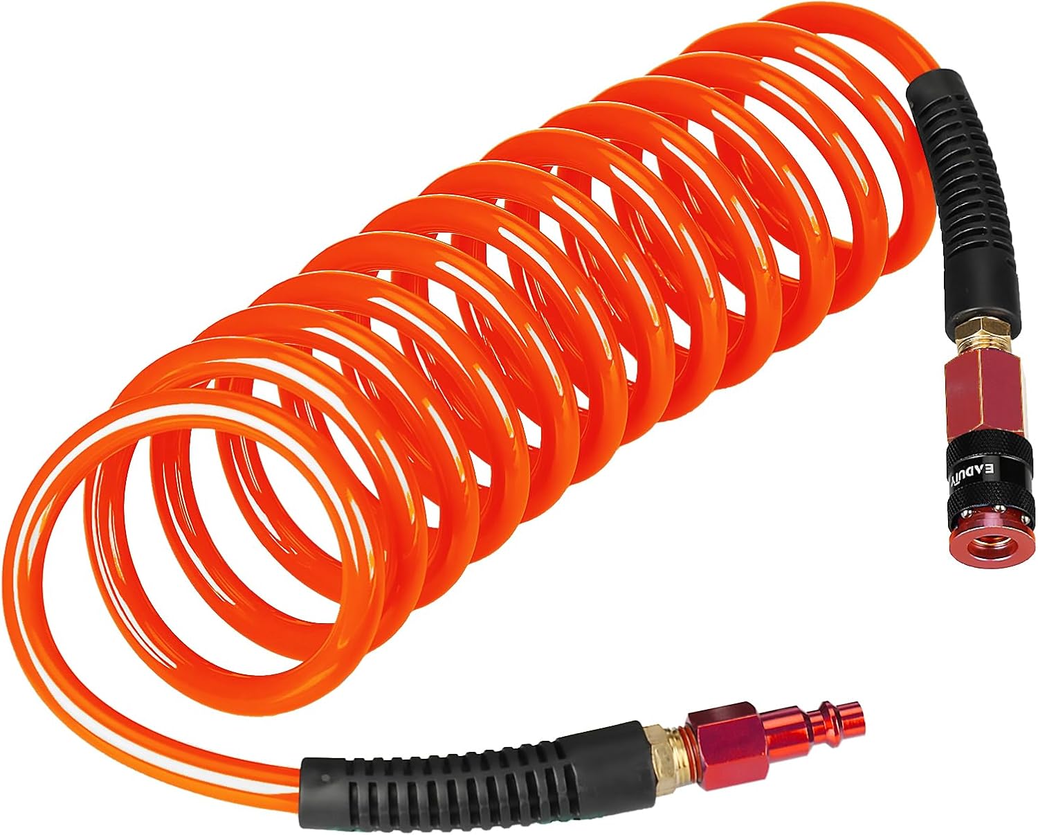 Heavy Duty Polyurethane Recoil Air Hose 1/4 in x 10 ft, Lightweight, Flexible Compressor Hose with Universal Quick Coupler, I/M Plug and Bend Restrictors, Red