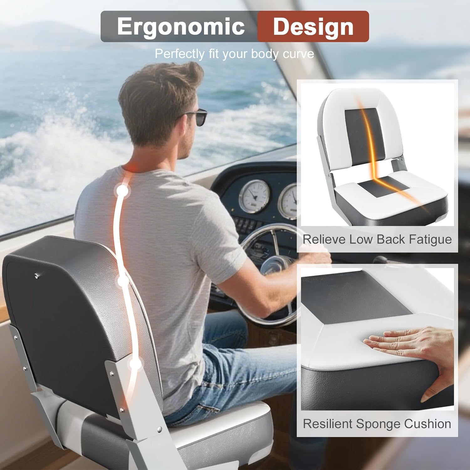 2-Pack 20" High Back Boat Seat with Thickened Sponge Padding and Hinge, Waterproof Boat Captain Chairs, Easy to Store, Ideal for Fishing, Sightseeing, Boating Grey