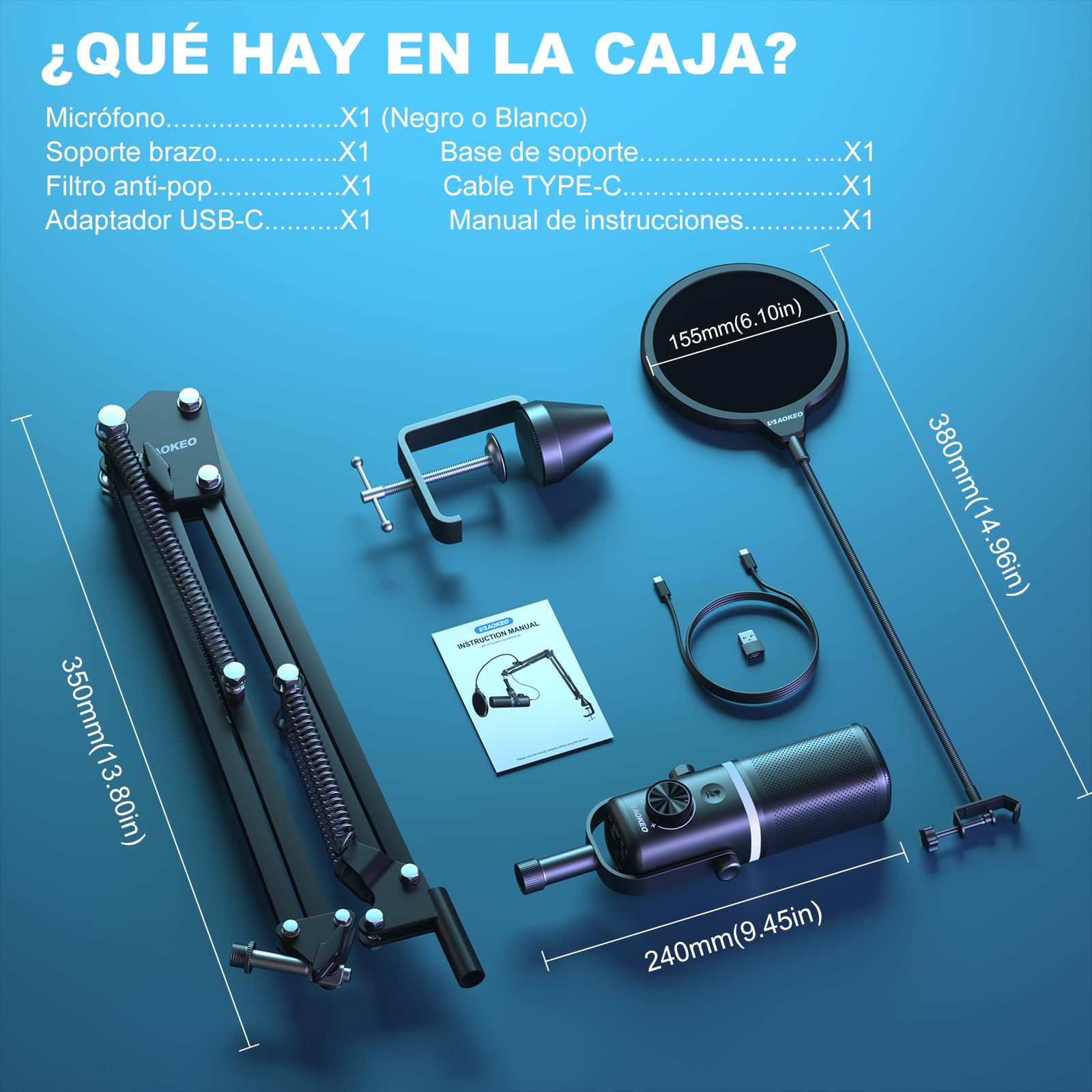 Aokeo AK-10 - Micrófono USB para Juegos con Brazo de micrófono, micrófono Condensador para PC/MAC/PS4/PS5/micrófono cardioide con iluminación RGB (Blanco)