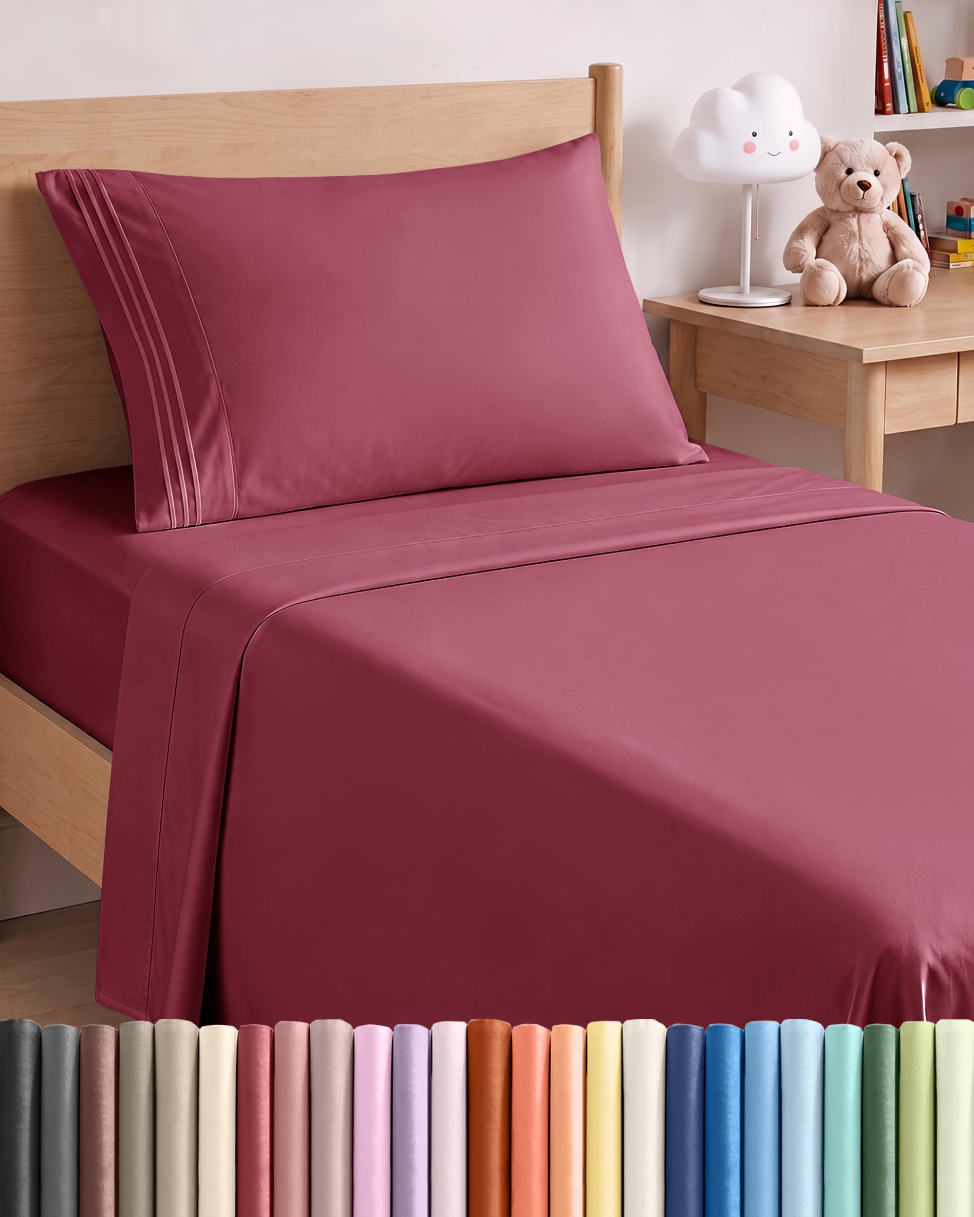 Twin Size 3 Piece Sheet Set - Comfy Breathable &amp; Cooling Sheets - Burgundy