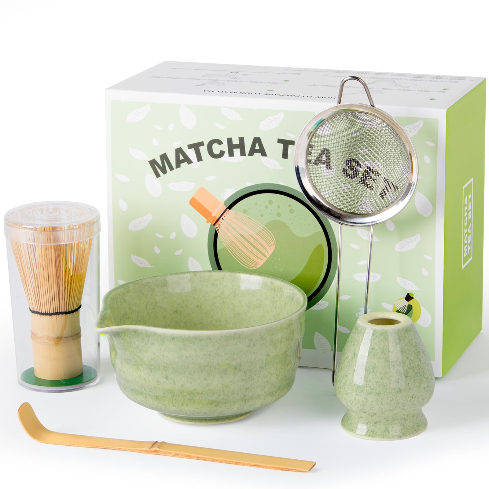 Dayacoco Matcha Whisk Set, Ceramic Matcha Kit Set Includes Bowl with Spout, Matcha Whisk, Holder, Bamboo Scoop and Sifter, 5 pcs Matcha Tea Kit for Matcha Beginner and Lovers, Gift Christmas, Birthday