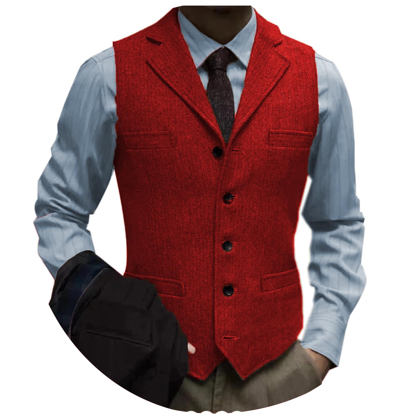 Tuikayoo Men's Tweed Suit Vintage Vest Herringbone Wool Prom Waistcoat Groomsmen, Red, XL