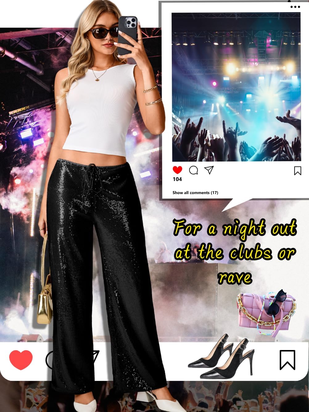 Sequin Pants,Low Rise Wide Leg Sparkly Bottoms for Women,Glitter Disco Concert Rave Outfit - Image 7