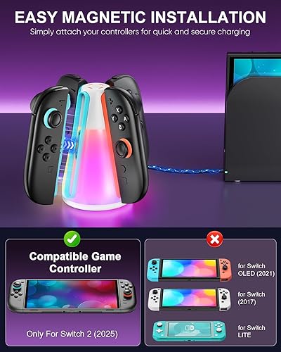 Vista 3 de Controller Charger Dock for Nintendo Switch 2 2025 for Joycon 2, 4-in-1 Magnetic Dual Direction Fast Charging Stand Station with 10 RGB Light Modes