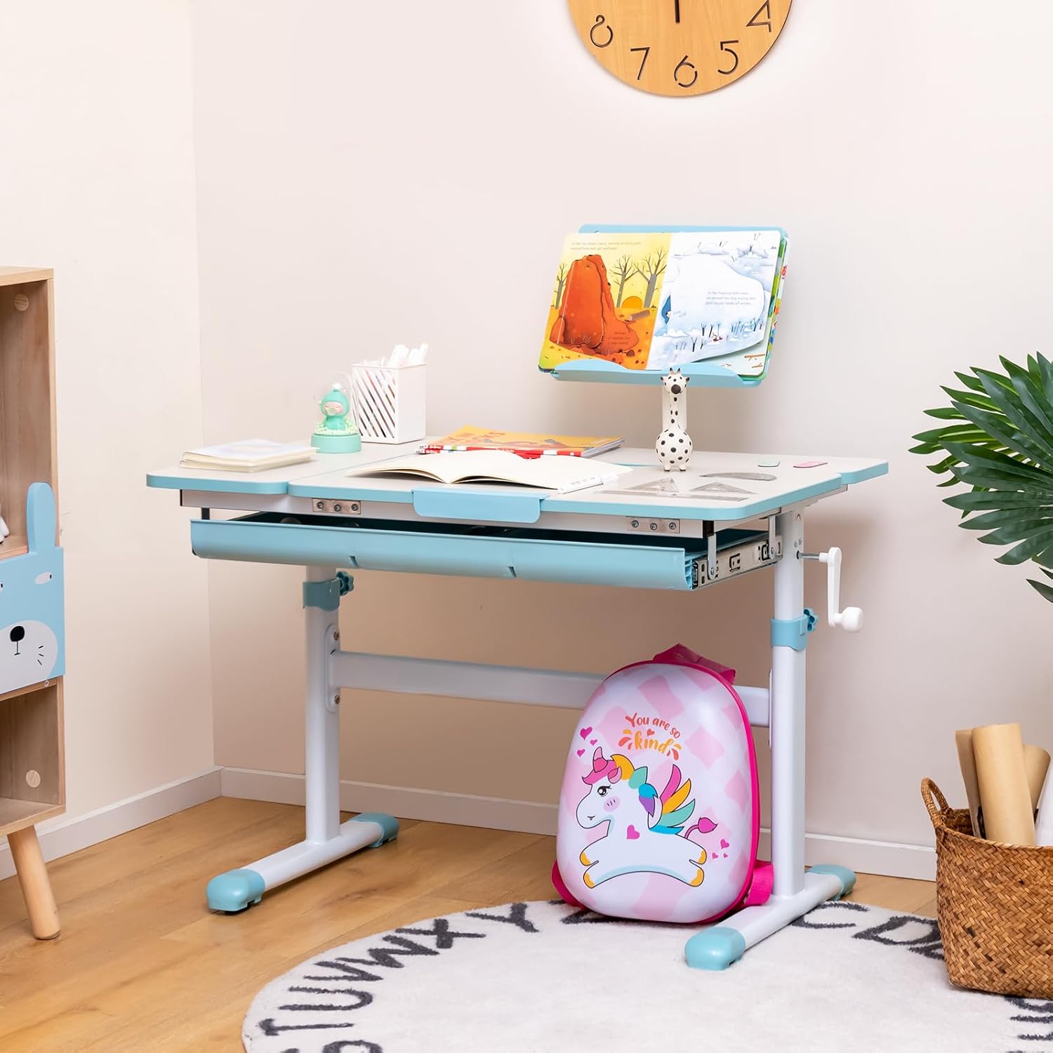 Costzon Kids Desk, Ergonomic Height-Adjustable Children Study Table w/Tiltable Desktop & Book Stand, Pull-Out Storage Drawer & Scale Ruler, Student Workstation for Writing, Drawing, Reading (Blue)