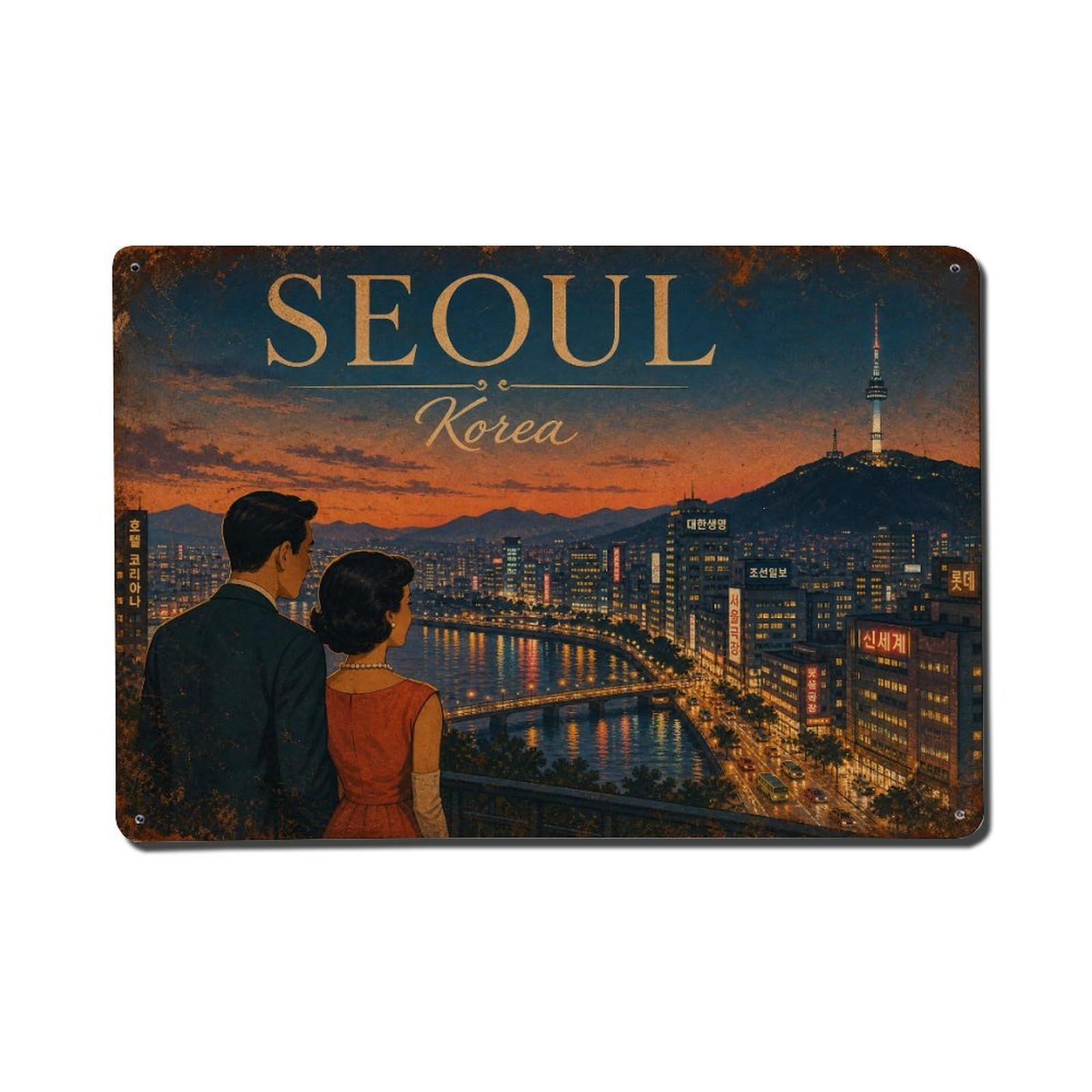 Huiyhb 8X12inch(20X30cm) Vintage Travel Seoul Korea Evening Metal Tin Sign