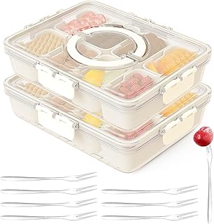 Snackle Box Container,Portable Snack Box 8 Compartment Divided Serving Tray with Lid,Clear Storage Organizer for Fruit Candy Nuts Veggie-Perfect for Road Travel Party (2 Pack-Dishwasher Safe)