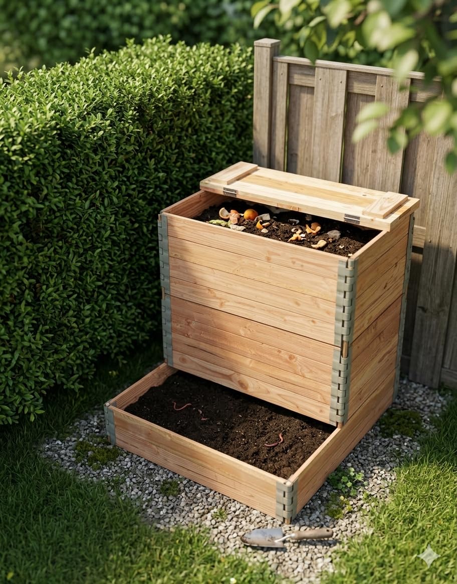 Composteur en Bois 400L en Douglas Naturel avec Couvercle