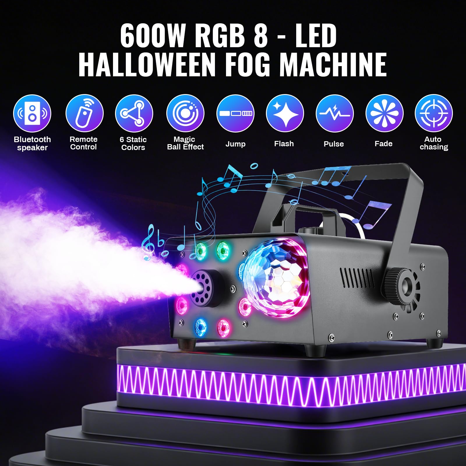 Macchina per fumo con Bluetooth,Sfera da discoteca luminosa e luci LED RGB, portatile altoparlanti Bluetooth con 9 LED luci controllabili, macchina per fumare DJ per Natale, festa, matrimonio, effetto