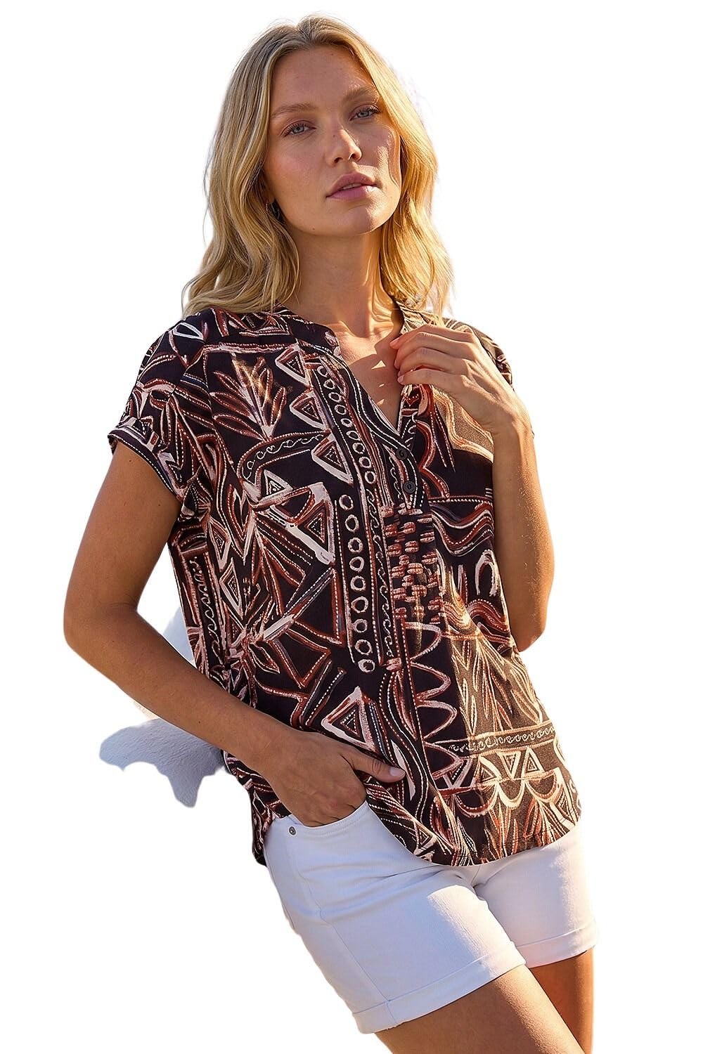 Roman Women's Orange Textured Ikat Print Stretch Top In | : Size 10