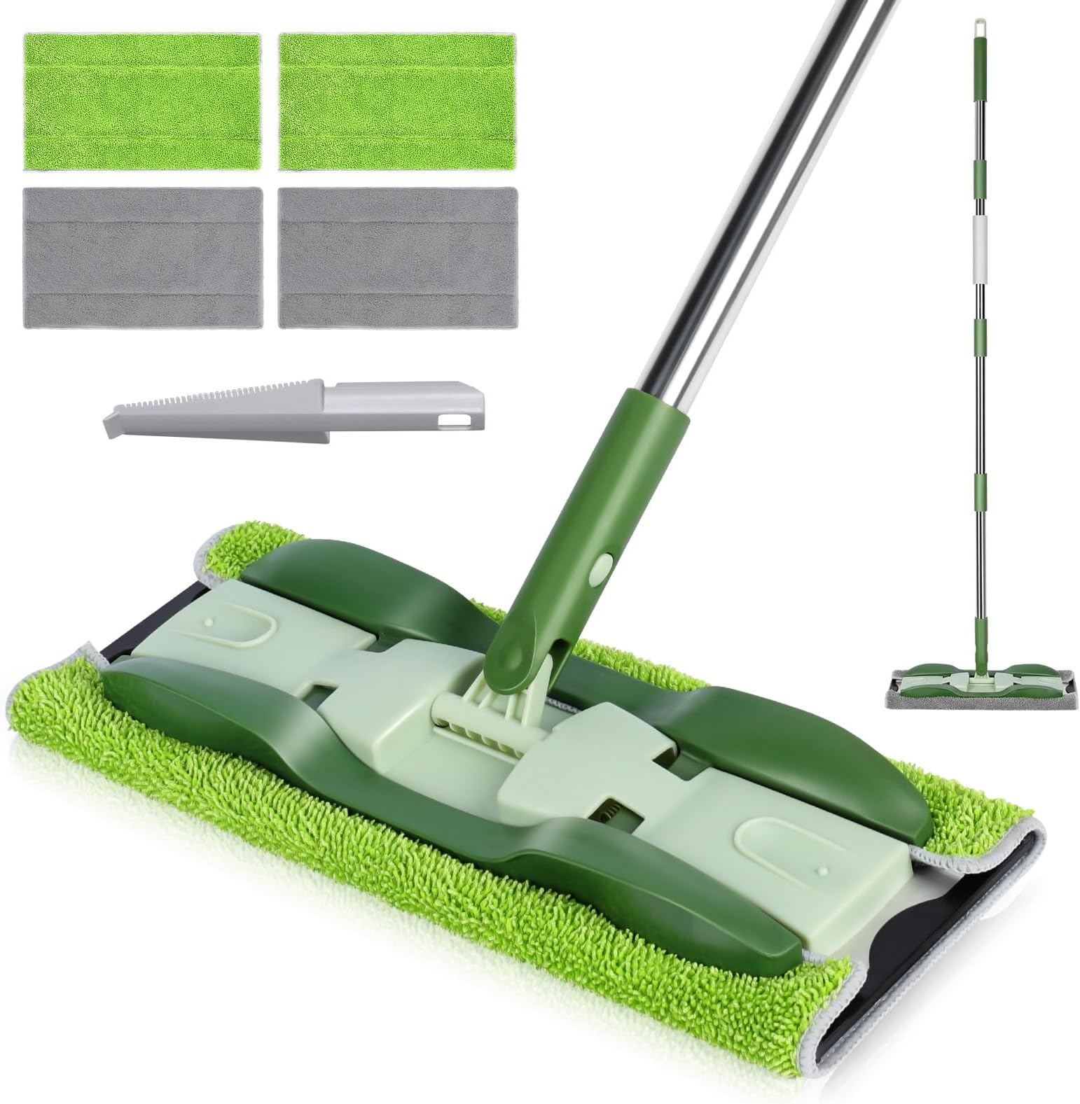 Masthome Microfibre Mop with 4 Reusable Pads, Professional Flat Mop with Stainless Steel Handle, Double-Sided Floor Sweeper Mop for Cleaning Hardwood Laminate Tile Floors, Send 1 Dirt Removal Scrubber