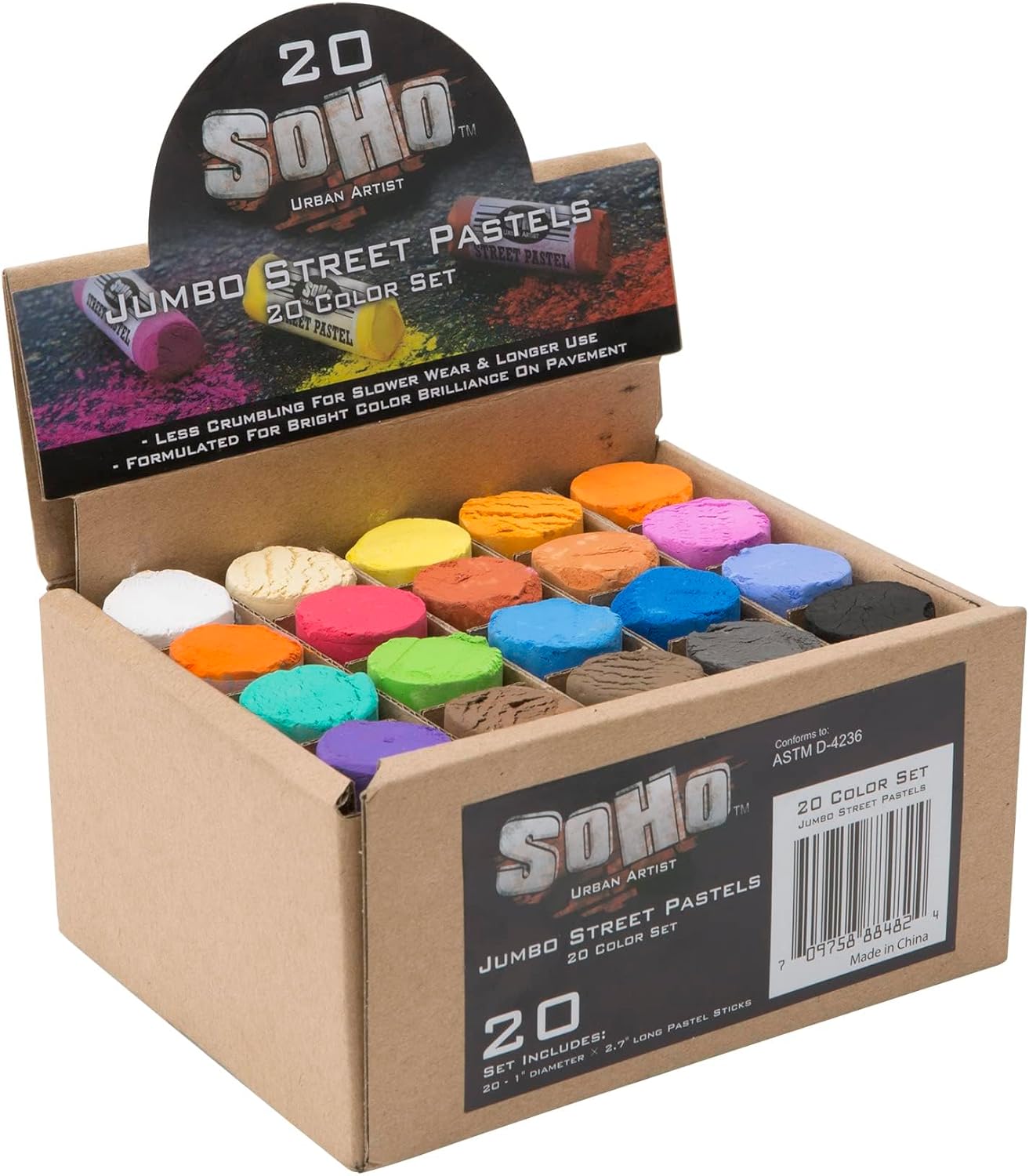 Soho Urban Artist Professional Pastels - Jumbo Street Pastel Set of 20 Colors, 1" Diameter, 2.7" Length, Non-Toxic, Brilliant Pigments, Ideal for Pavement, Less Crumbling than Sidewalk Chalk