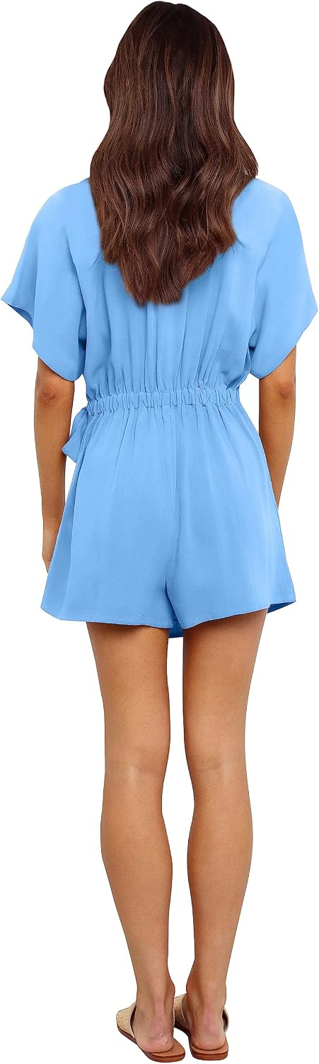 AIMCOO Summer Short Sleeve V Neck Wrap Rompers Elastic Waist Tie Solid Jumpsuit for Women Casual Romper Shorts with Pockets