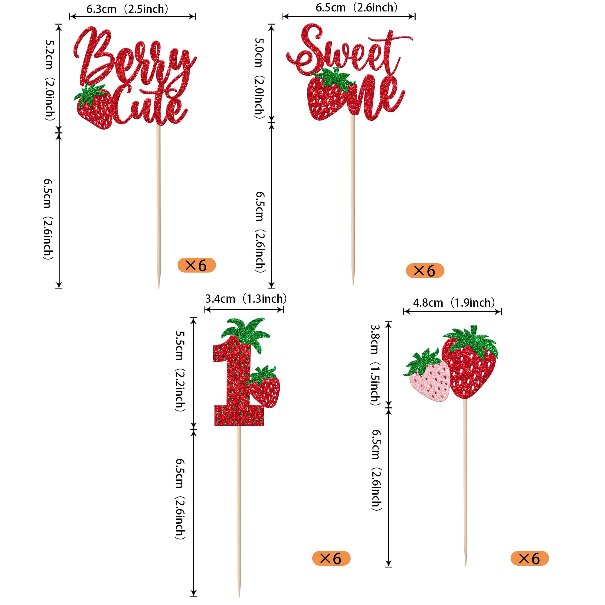 Rsstarxi 24 Pack Sweet One Cupcake Toppers Glitter Strawberry First Birthday Cupcake Picks Decorations for Berry Sweet Fruit Baby Shower 1st Birthday Party Cake Decorations