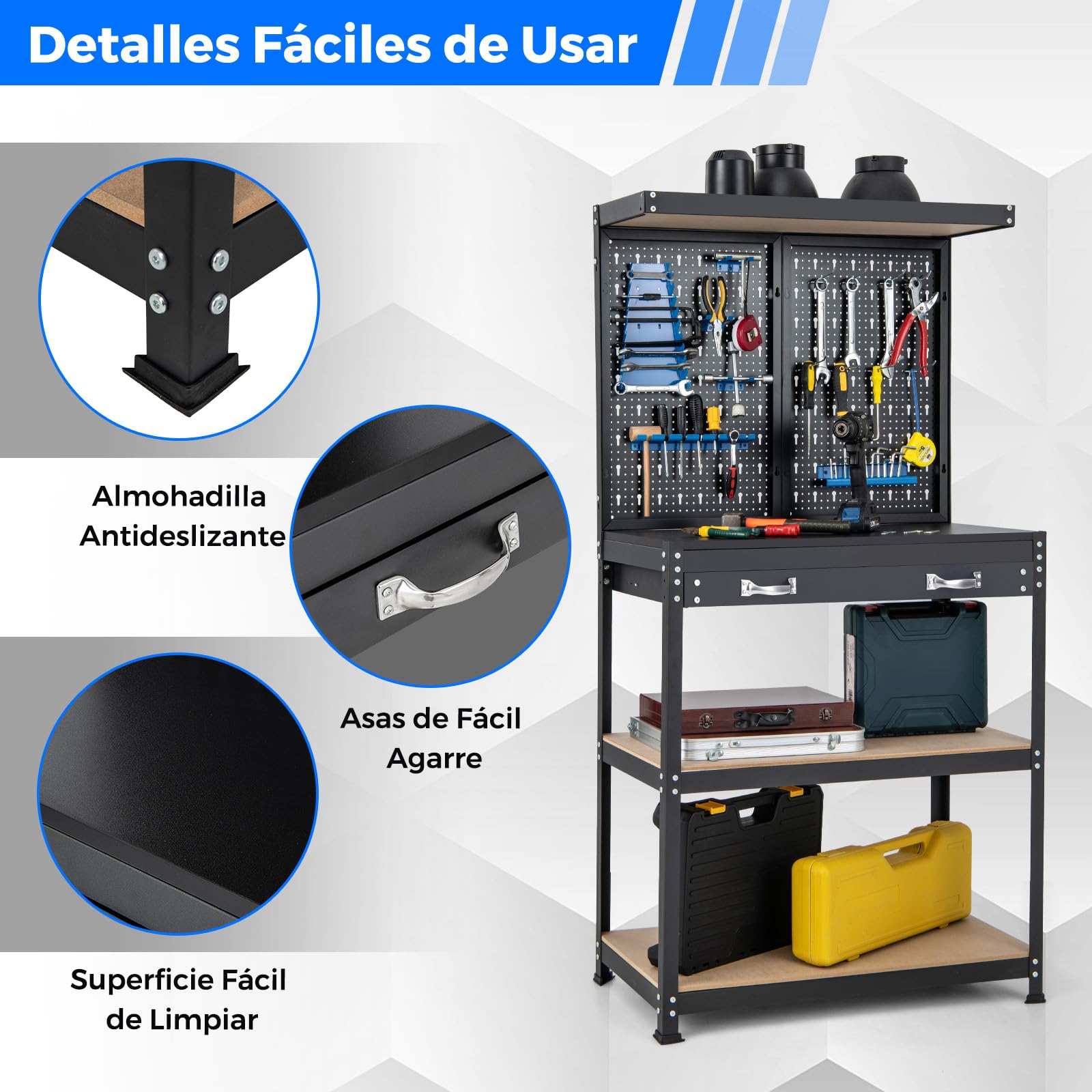 GYMAX Banco de Trabajo Multiusos con Tablero Perforado, 2 Estantes con Neumáticos, Espacio Superior, Cajón y Marco de Metal Robusto, para Talleres, Almacenes y Sótanos (Negro+Azul)