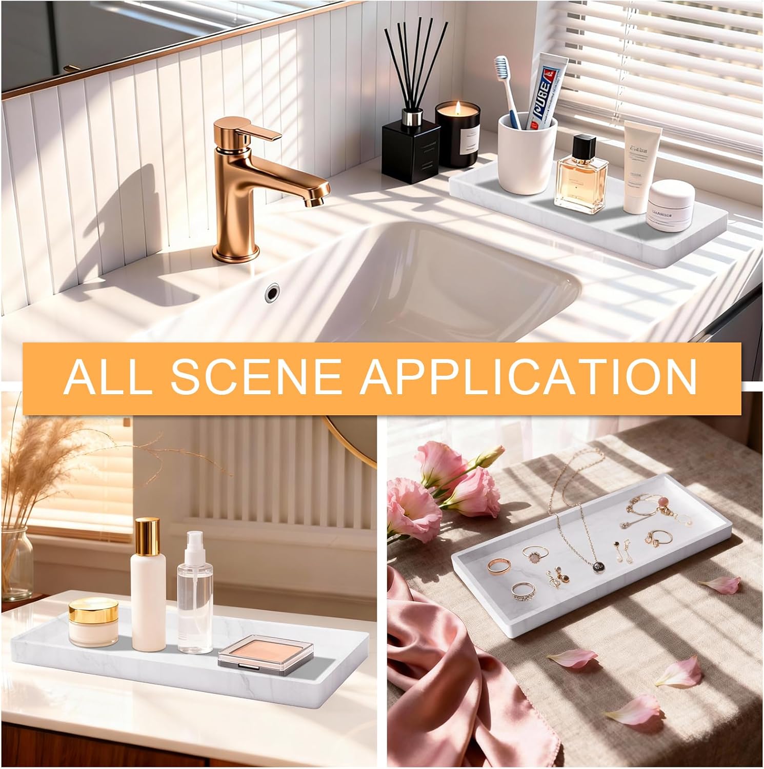 2PCS Bathroom Vanity Tray, 11.8 x 5 Inch Silicone Bathroom Counter Organizer, Decorative Holder for Candle and Perfume Tray, Cosmetics, Jewelry Rings for Kitchen Sink Organizer, Marble White