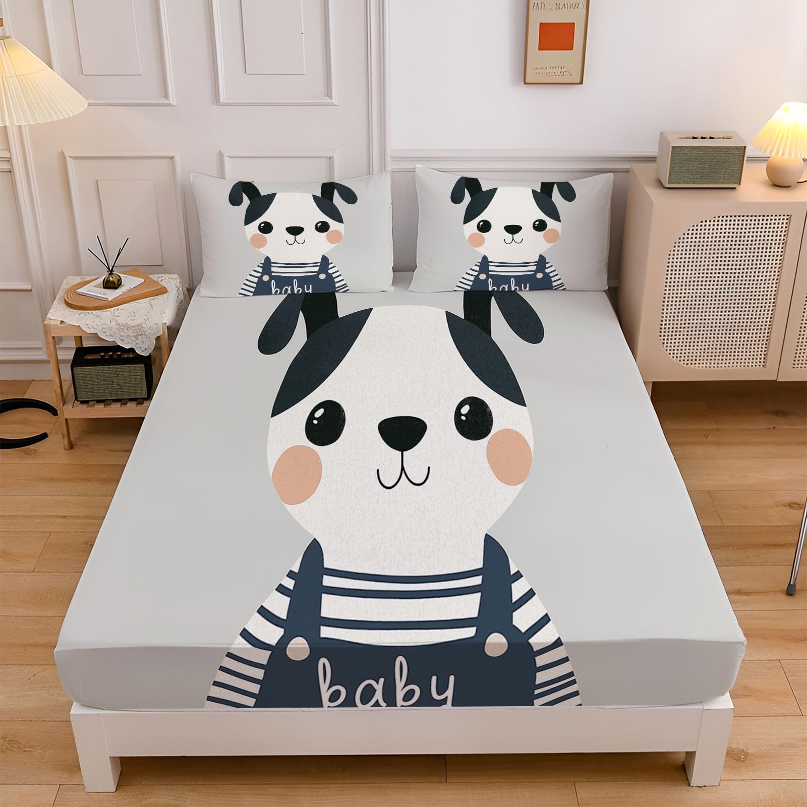 Drap housse doux motif chien 160x200 anti-glisse pour des nuits apaisées