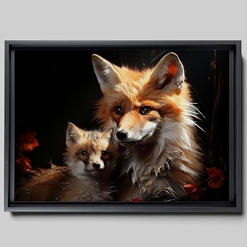 Fox Mother Cub Print, In The Style Of Stencil,Based, Kids Wall Art, Kids Wall Art Display, Mom And Baby Animal Art Print, Canvas, Home Decor