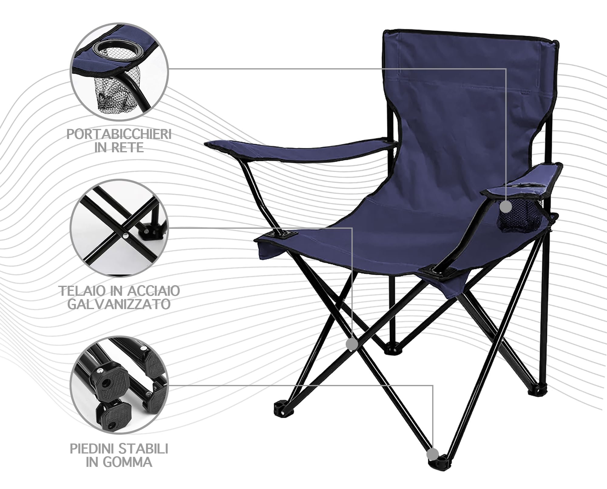 IlGruppone Sedia Camping Pieghevole in Acciaio con Porta Bevande – Sedia da Campeggio Portatile Impermeabile e Antiruggine con Sacca Trasporto – Ideale per Mare, Spiaggia, Pesca e Outdoor (Blu)