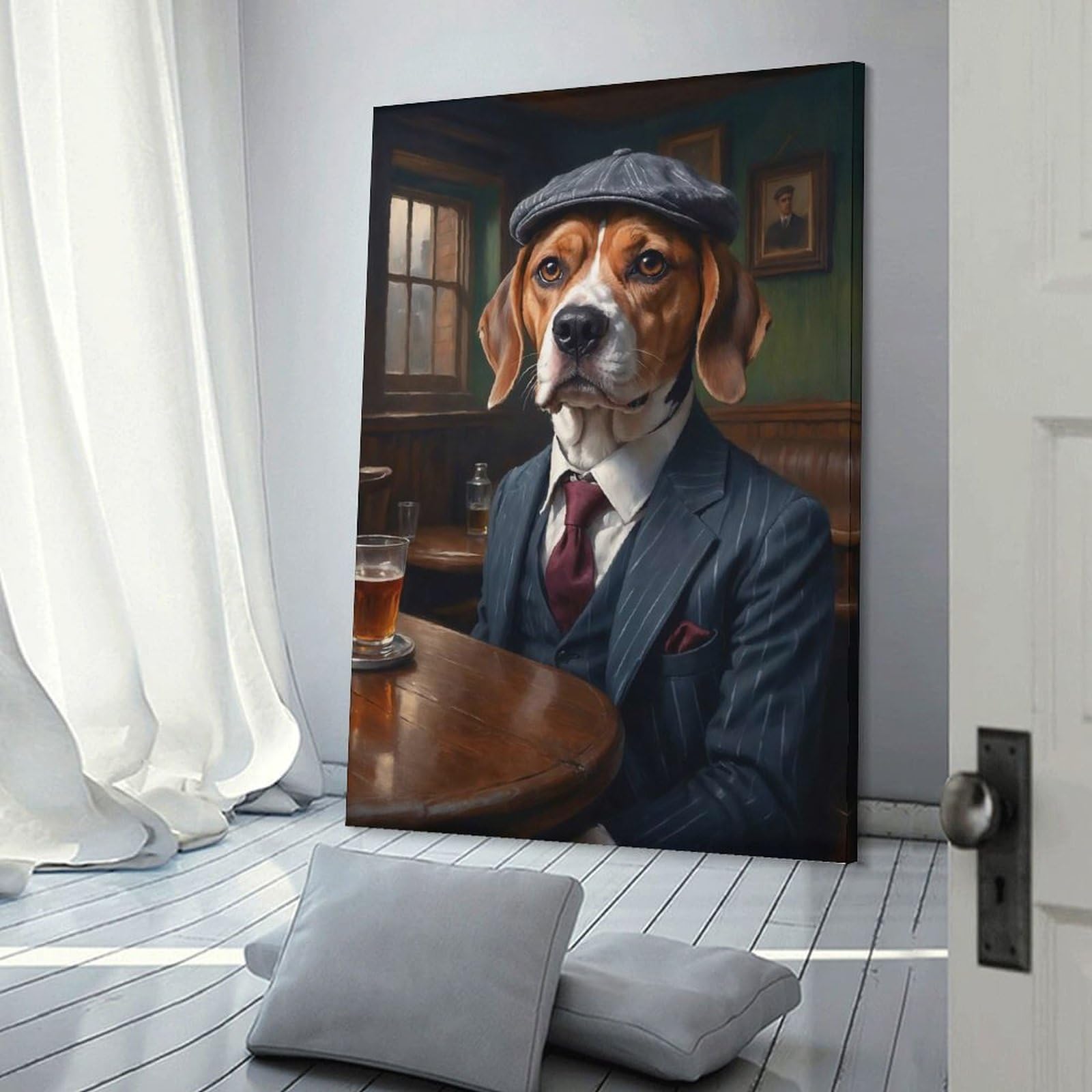 Junmoney Canvas Wall Picture Beagle Dog in A Suit at The Pub, 20x30inch(50x75cm), for Home Lounge, Bedroom Or Reading Nook, A Home Accent with Warm Character