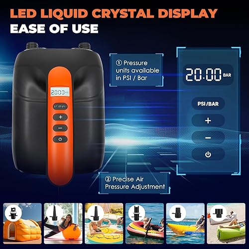 Miniatura 4 de furein Bomba de aire SUP de alta presión de 20 PSI, bomba eléctrica de tabla de remo con apagado automático, función de inflado y desinflado de