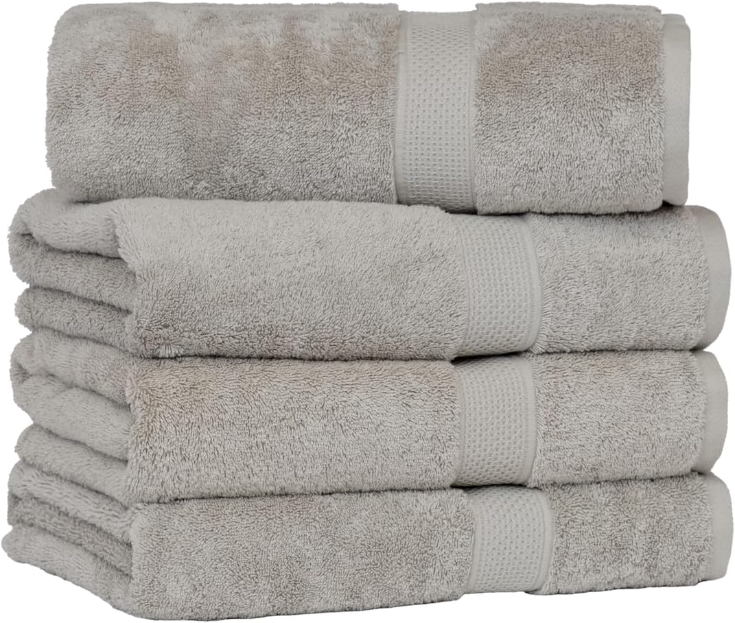 [Japan Technology], Plush Light-Weight Towel, Bath Towel (30x54 inches), 520GSM, Light Gray, Pack of 4, Quick Dry, High Absorbency, 100% Cotton
