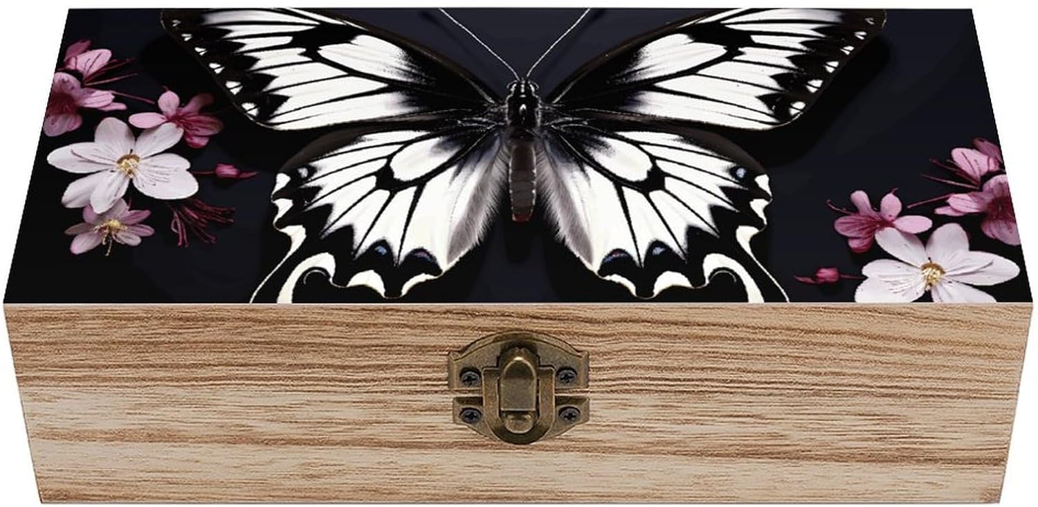 Black White Butterfly Keepsake Box Wooden Storage Box with Lid