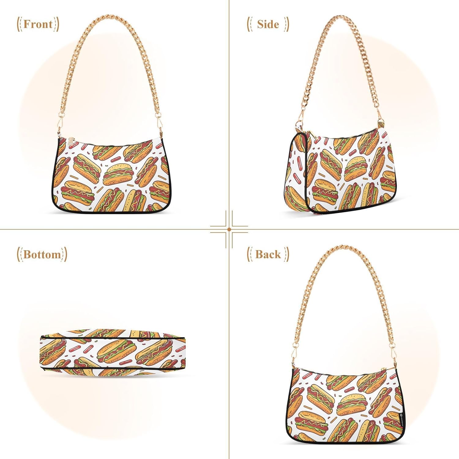 Chain Shoulder Bag Hobo Tote Handbag Mini Clutch Purse with Zipper Closure for Women