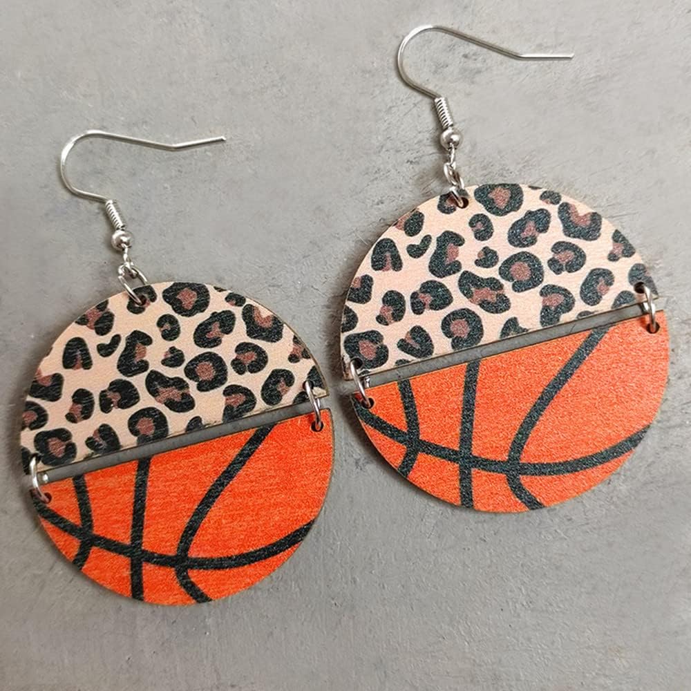 Sports Game Ball Football Basketball Wooden Leopard Print Drop Earrings for Women Holiday Round Baseball Soccer Volleyball Dangle Earrings Fans Players Jewelry-Basketball - Image 2